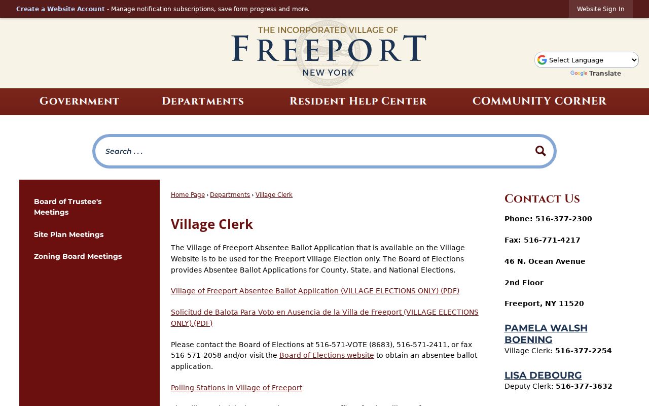 Freeport residents directory Village Clerk FOIL request route